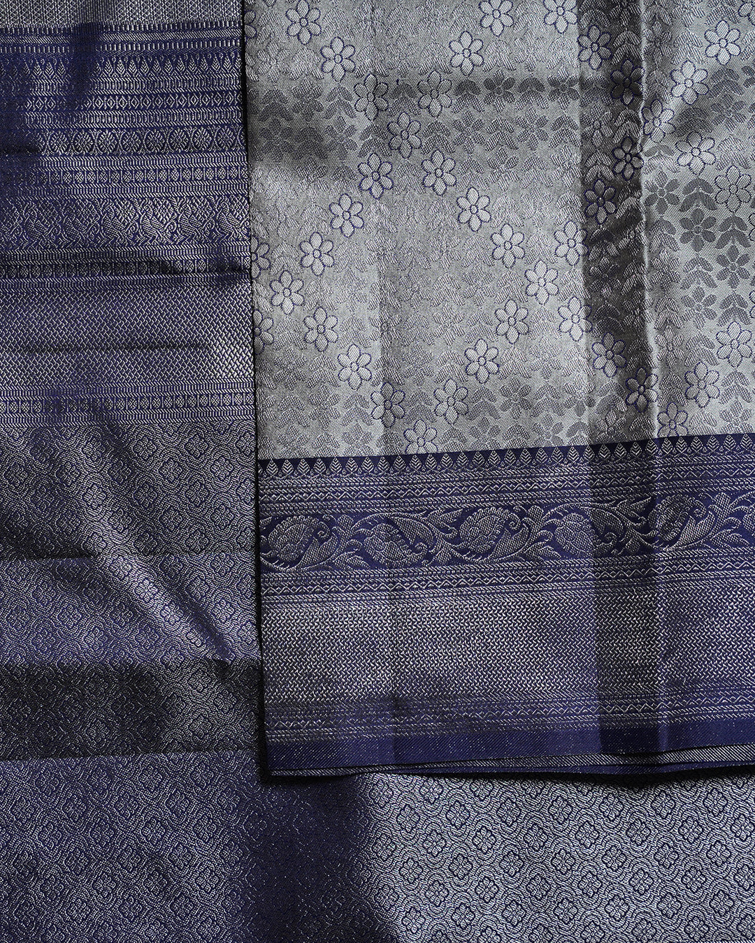 Light Grey Pure Silk Saree with Menatchi Blue Border