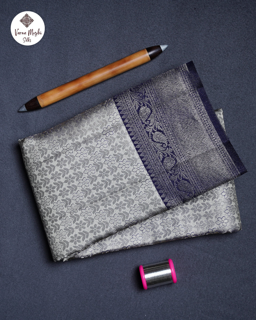 Light Grey Pure Silk Saree with Menatchi Blue Border