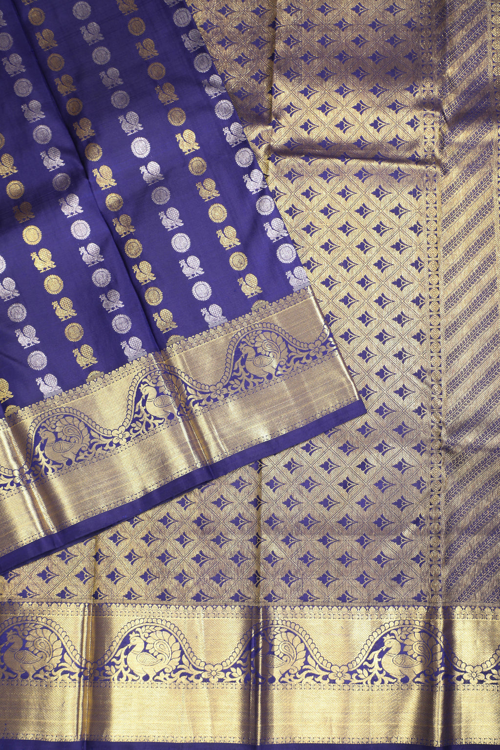 Meenakshi Blue Kanchipuram Pure Silk Saree with Peacock Butta Design