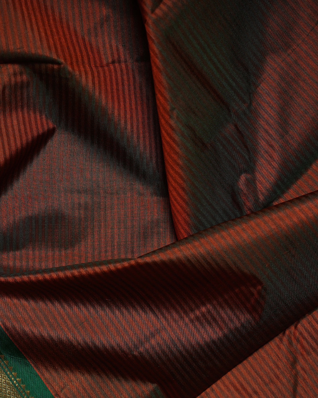 Orange Pure Silk Saree with Green Semi Contrast Border