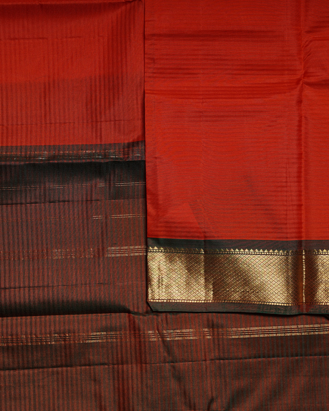 Orange Pure Silk Saree with Green Semi Contrast Border
