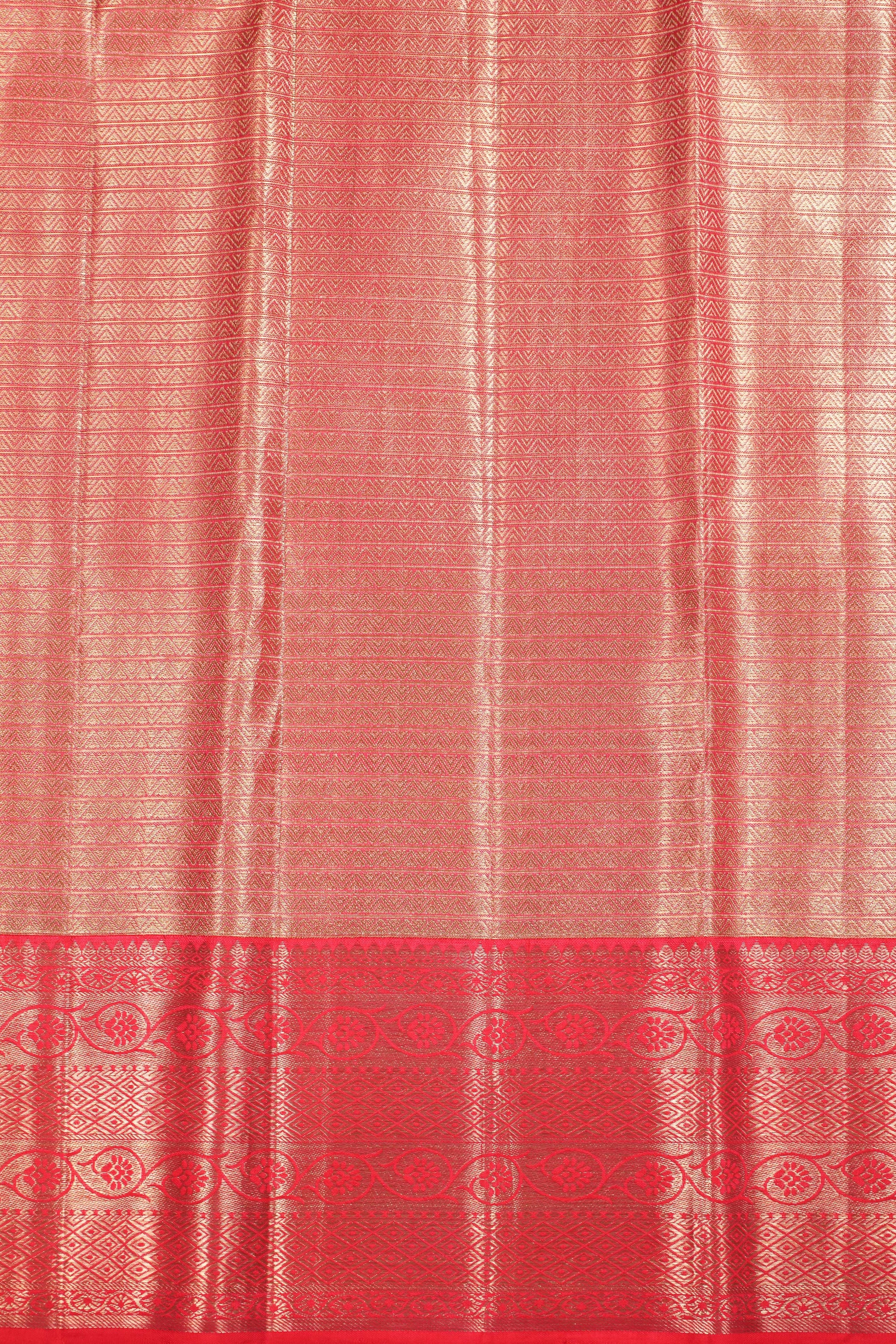 Pista Green Kanchipuram Pure Silk Saree with Tomato Red Korvai Border and Deer Chakra Design
