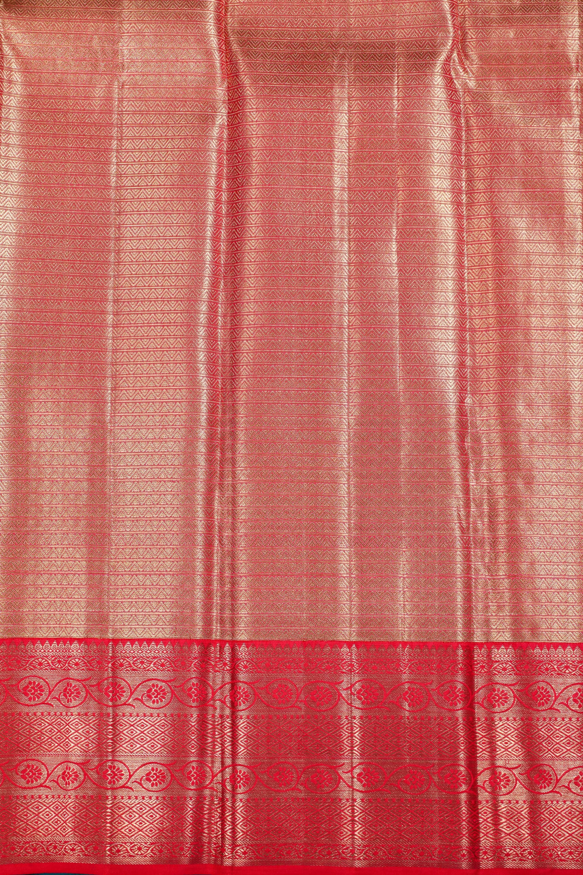 Pista Green Kanchipuram Pure Silk Saree with Tomato Red Korvai Border and Deer Chakra Design