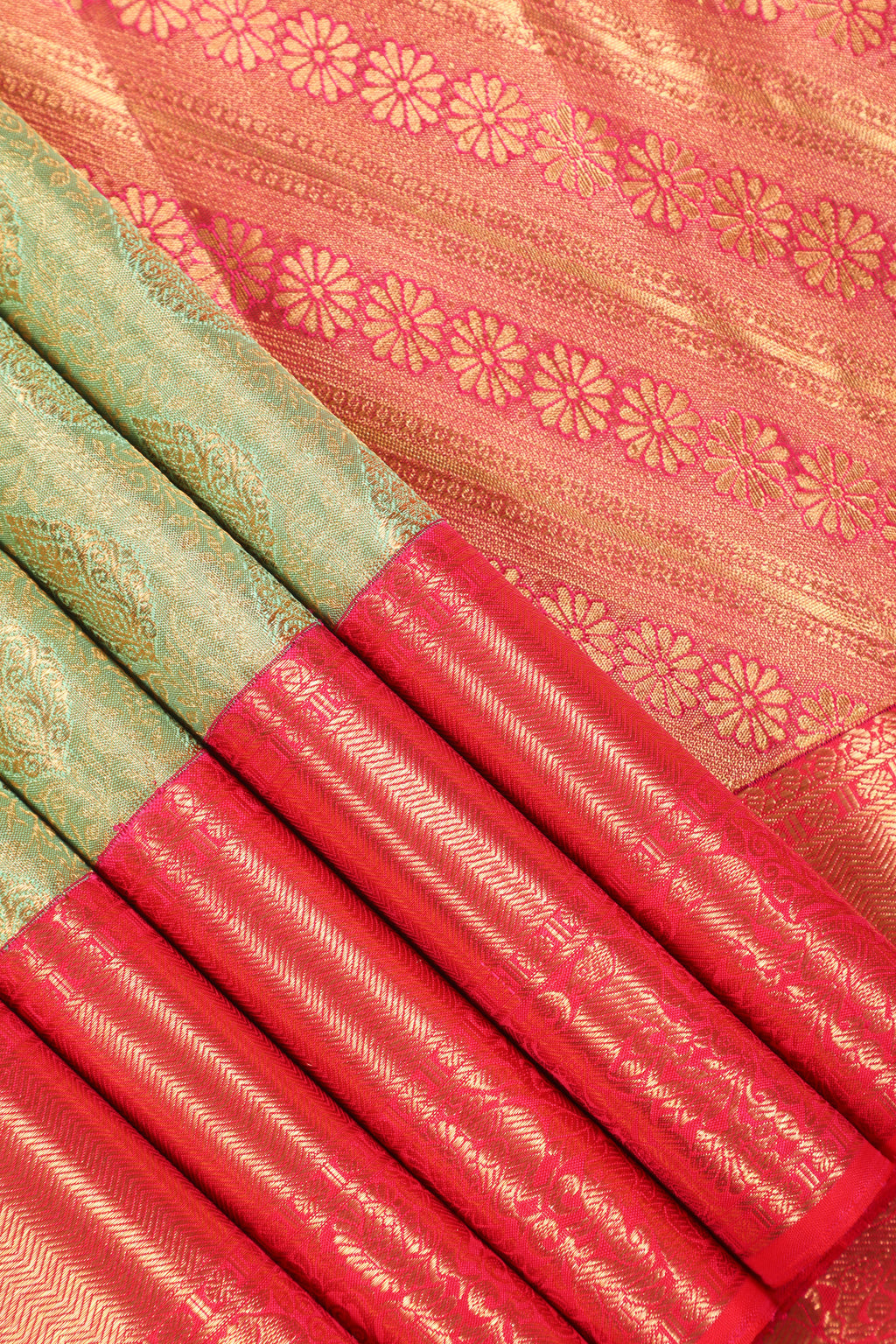 Pista Green Kanchipuram Pure Silk Saree with Tomato Red Korvai Border and Kodi Thilagam Design