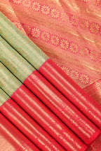 Pista Green Kanchipuram Pure Silk Saree with Tomato Red Korvai Border and Kodi Thilagam Design