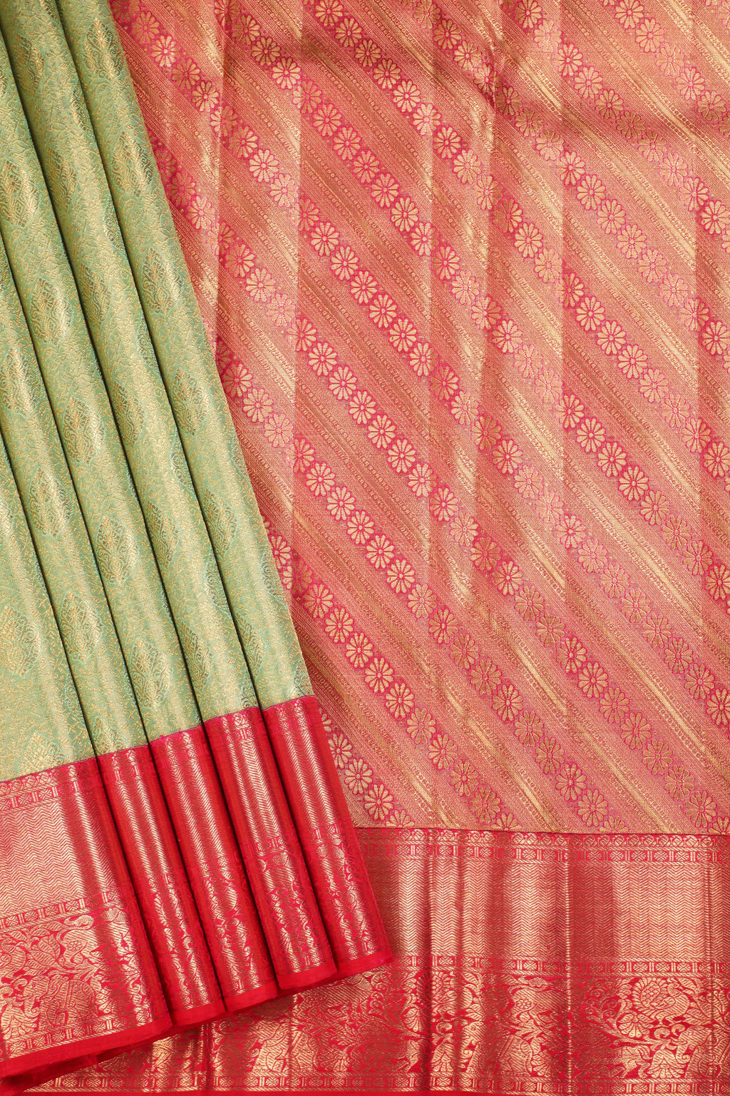 Pista Green Kanchipuram Pure Silk Saree with Tomato Red Korvai Border and Kodi Thilagam Design