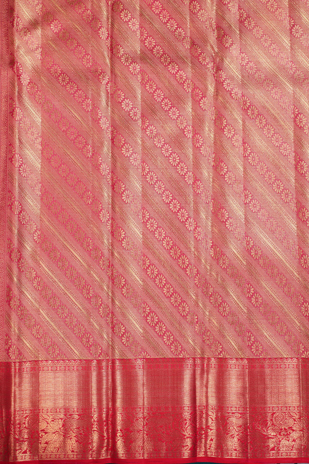 Pista Green Kanchipuram Pure Silk Saree with Tomato Red Korvai Border and Kodi Thilagam Design