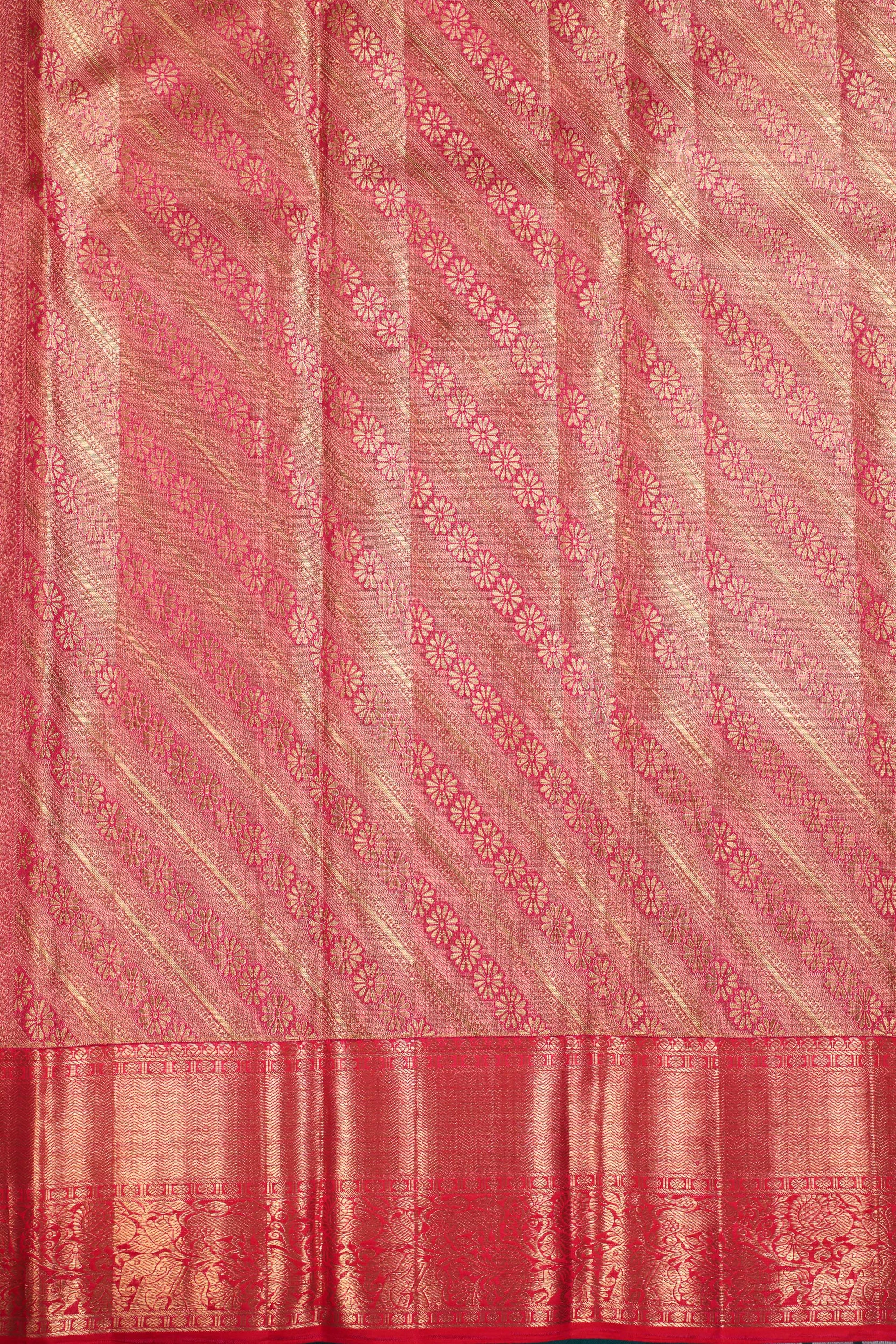 Pista Green Kanchipuram Pure Silk Saree with Tomato Red Korvai Border and Kodi Thilagam Design
