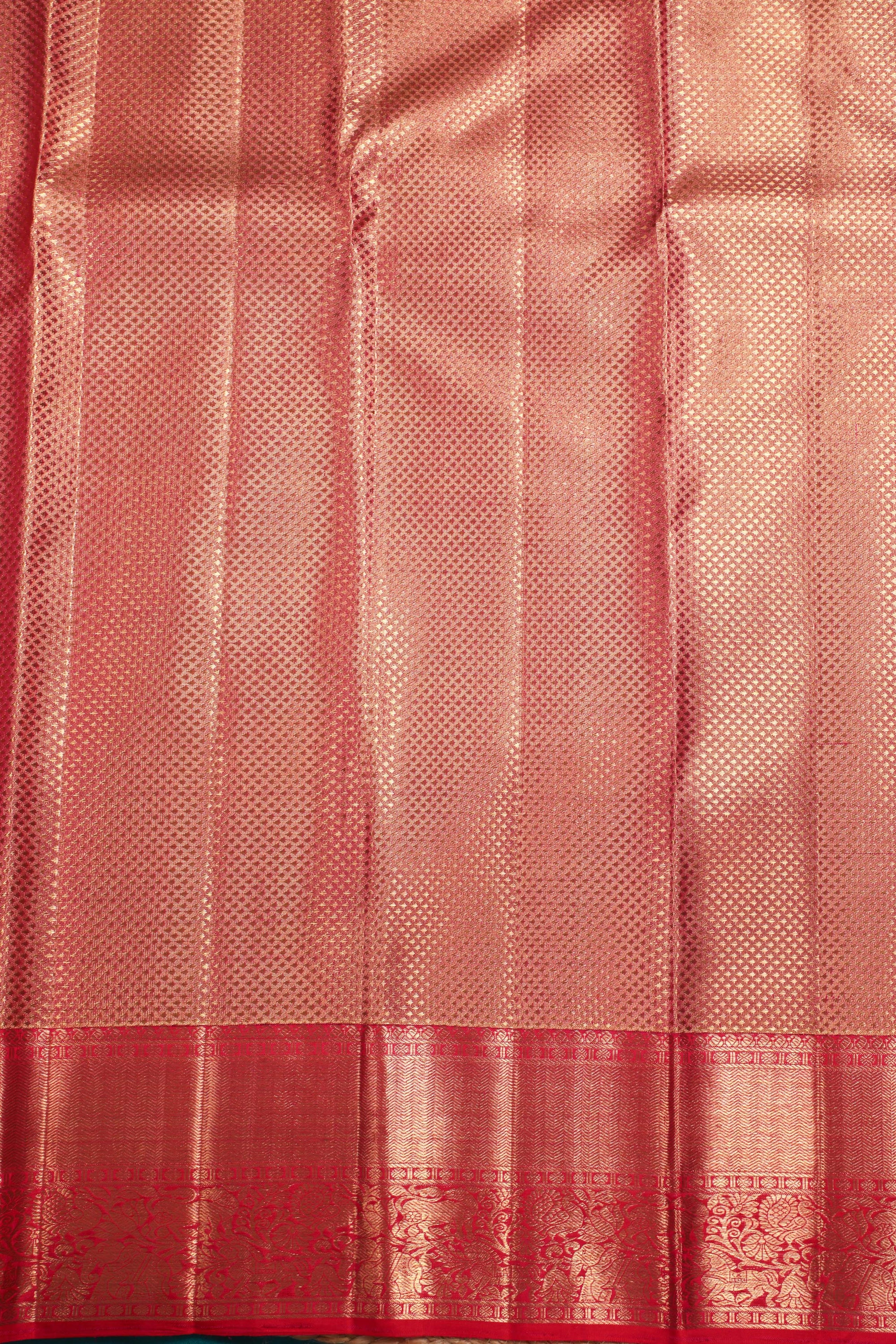Pista Green Kanchipuram Pure Silk Saree with Tomato Red Korvai Border and Kodi Thilagam Design