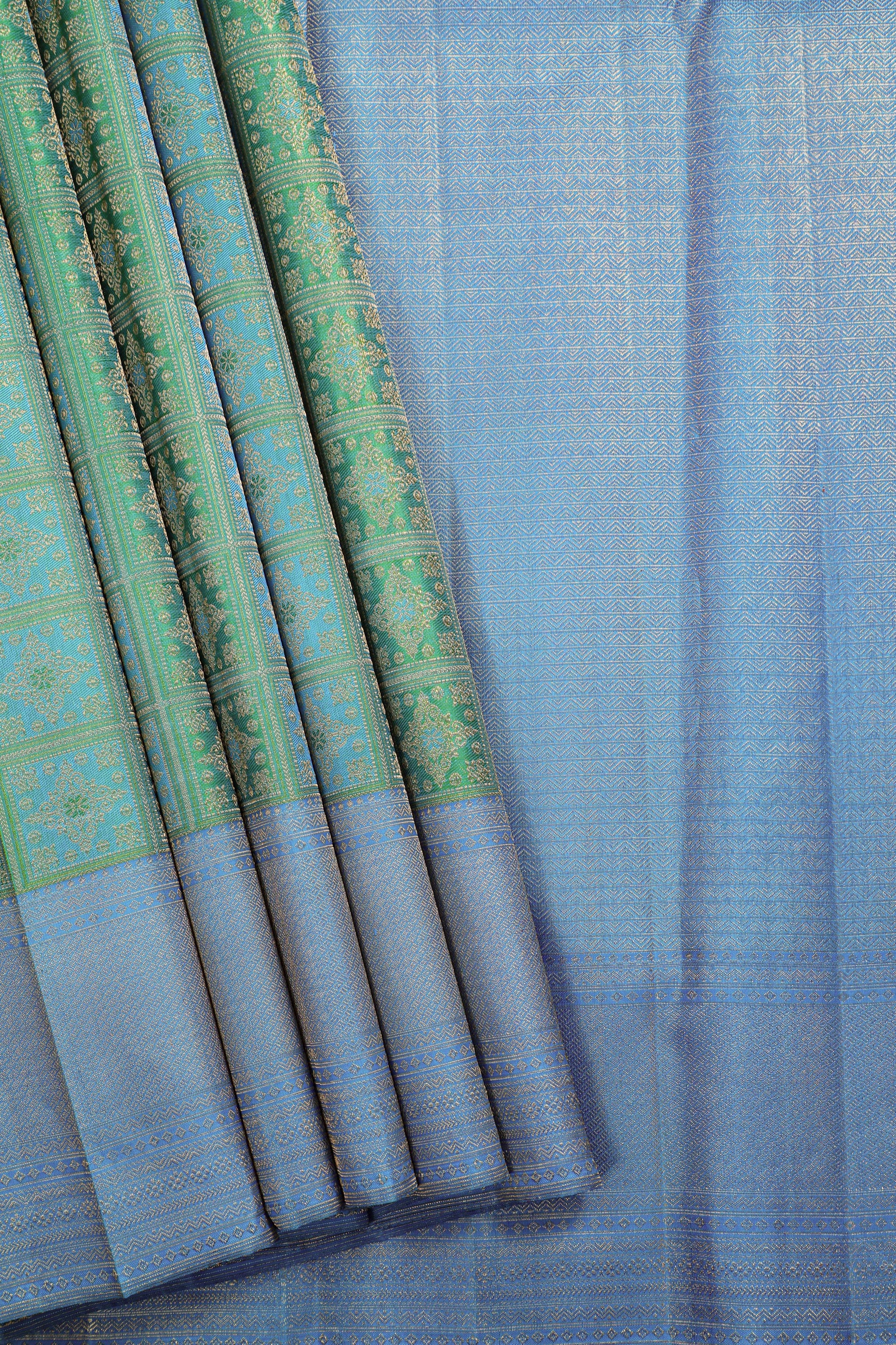 Reksona Blue Kanchipuram Pure Silk Saree with Ananda Border and Box Kolam Design