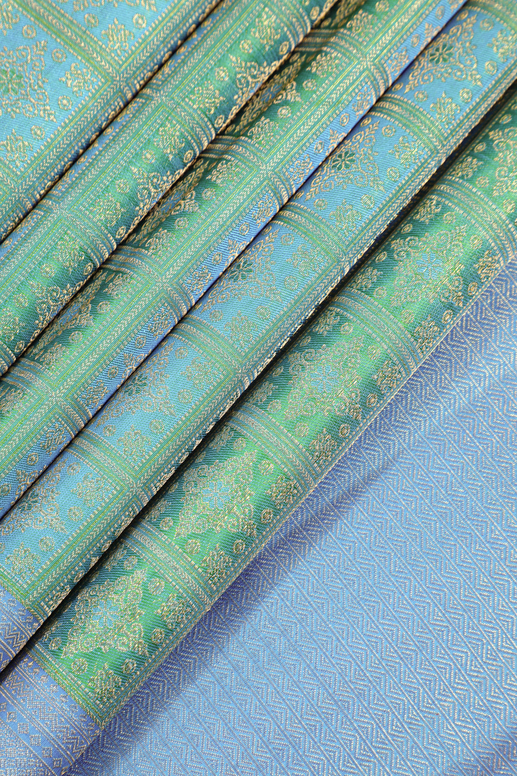 Reksona Blue Kanchipuram Pure Silk Saree with Ananda Border and Box Kolam Design