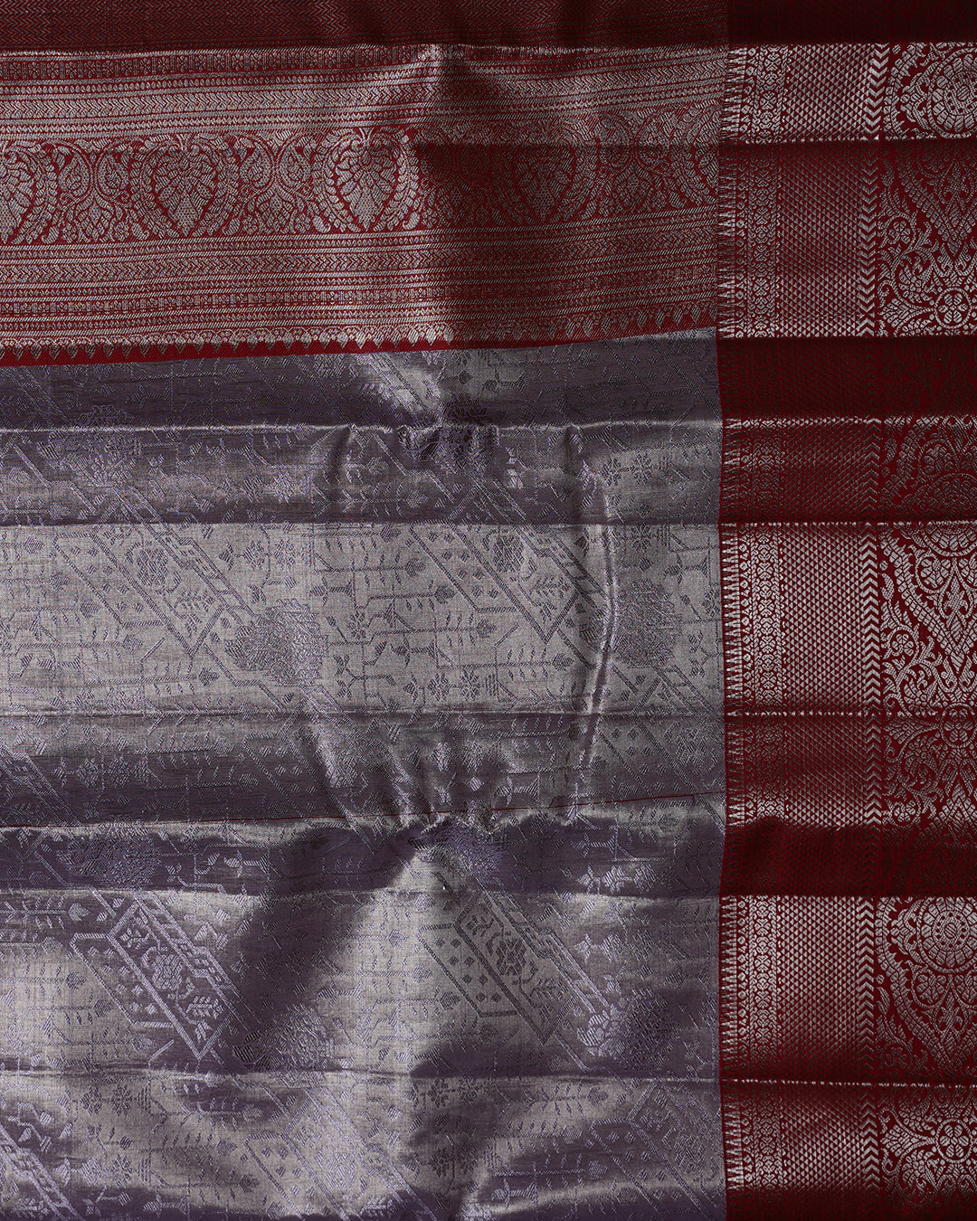 Silver Lavender Pure Silk Saree with Deep Red Border