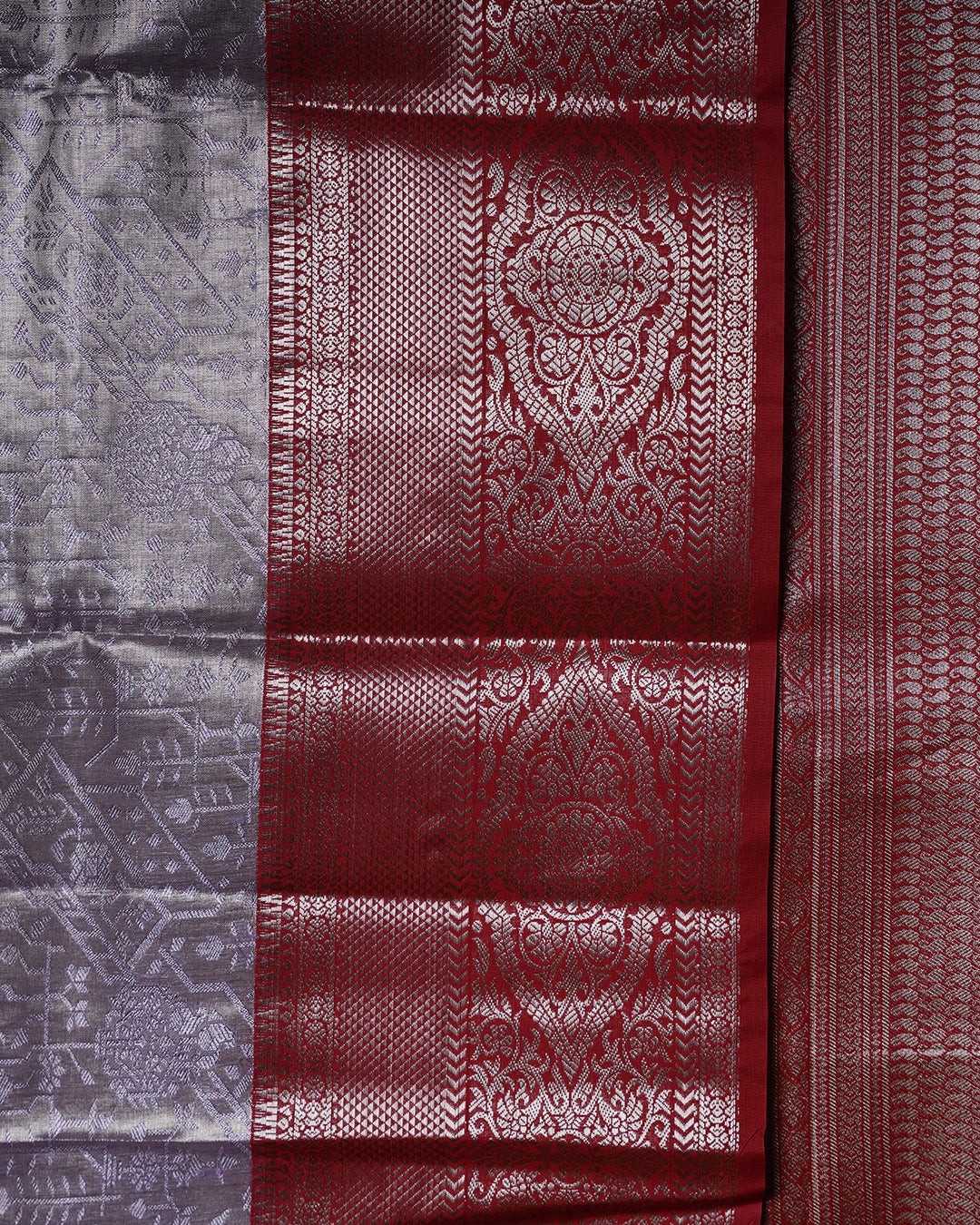 Silver Lavender Pure Silk Saree with Deep Red Border