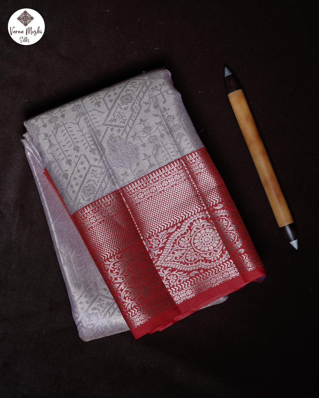Silver Lavender Pure Silk Saree with Deep Red Border