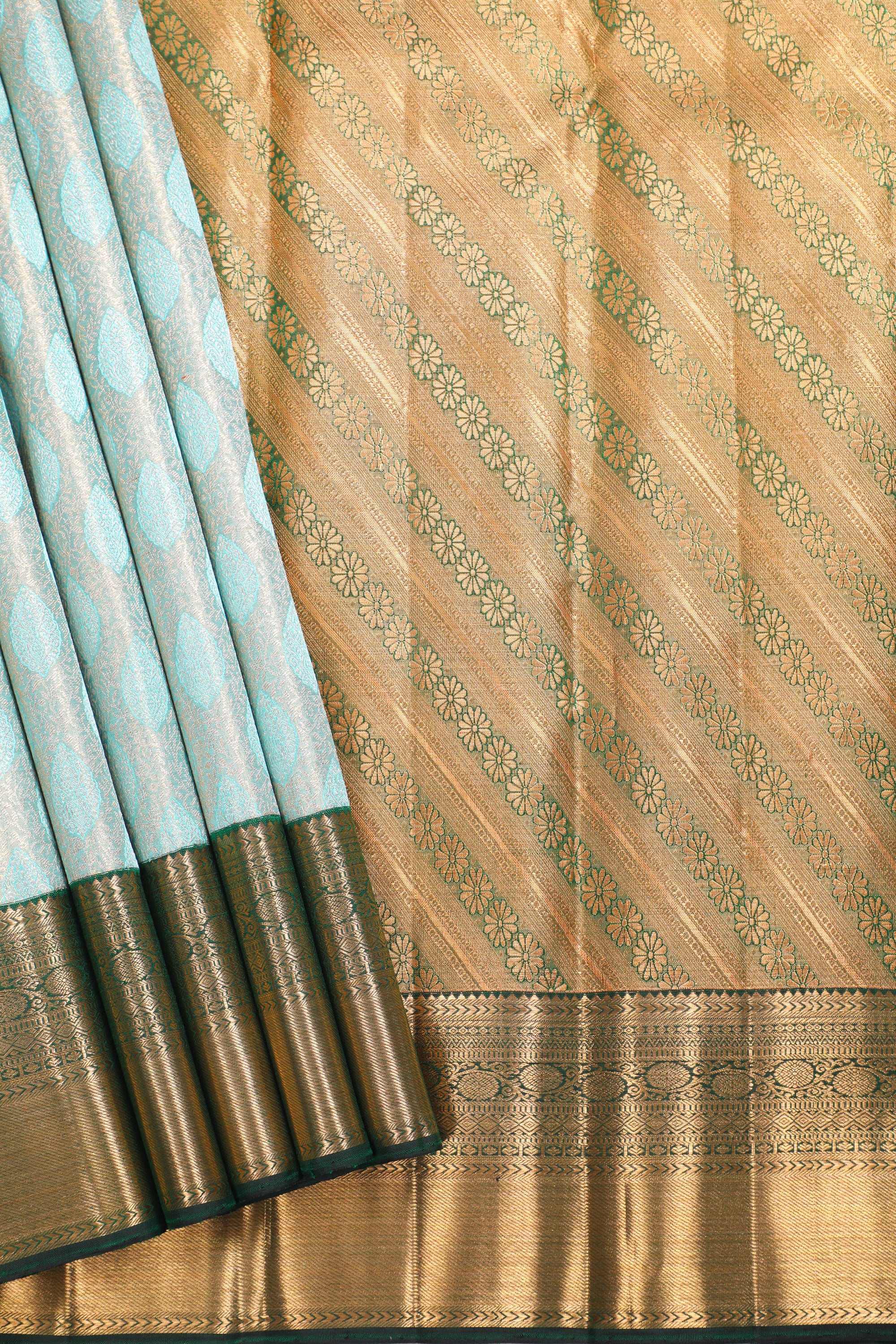 White Kanchipuram Pure Silk Korvai Tissue Contrast Fancy Silver Saree with Kodi Thilagam Design